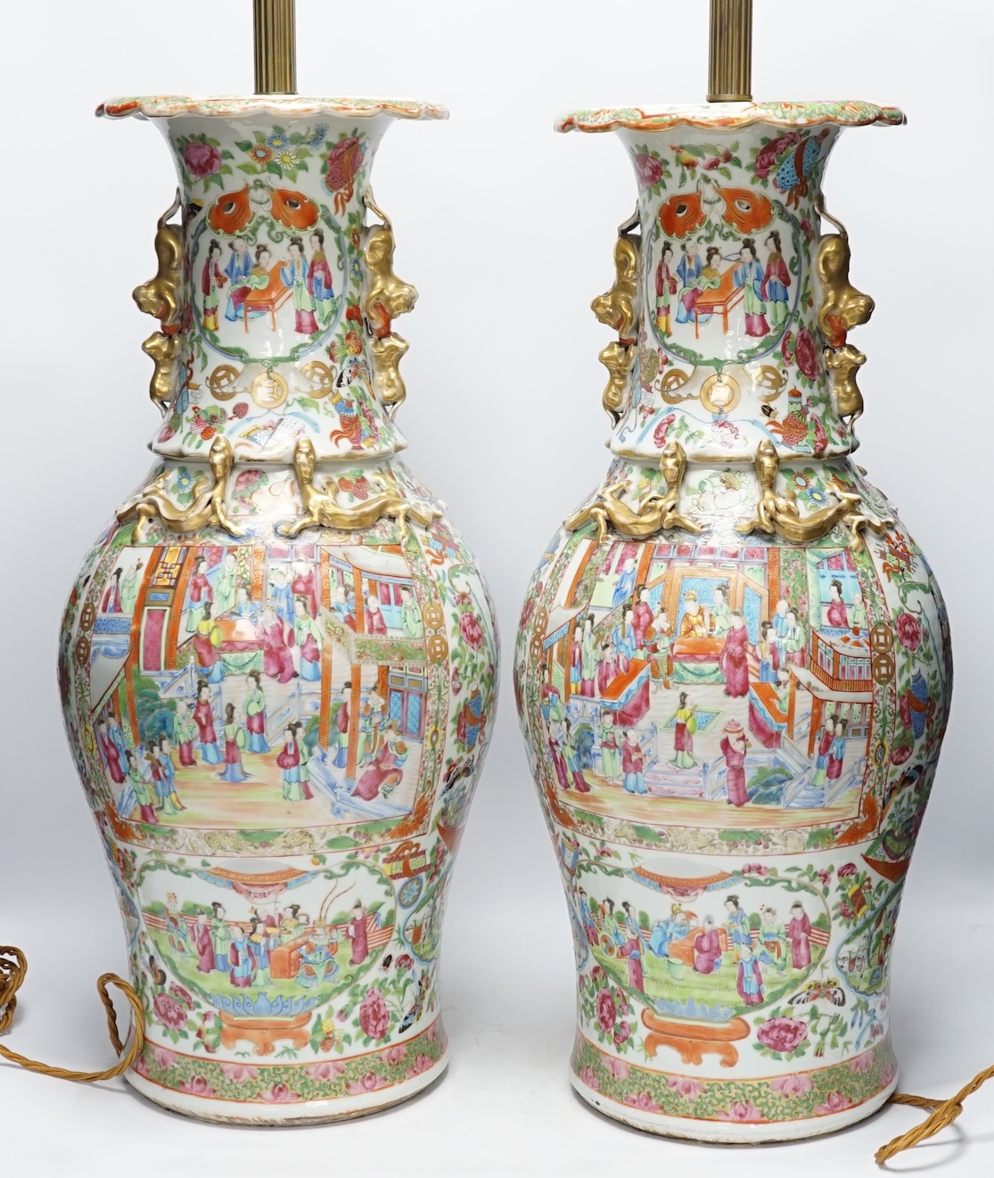 A pair of 19th century large Chinese Canton vases mounted as lamps, 59cm excluding lamp fittings